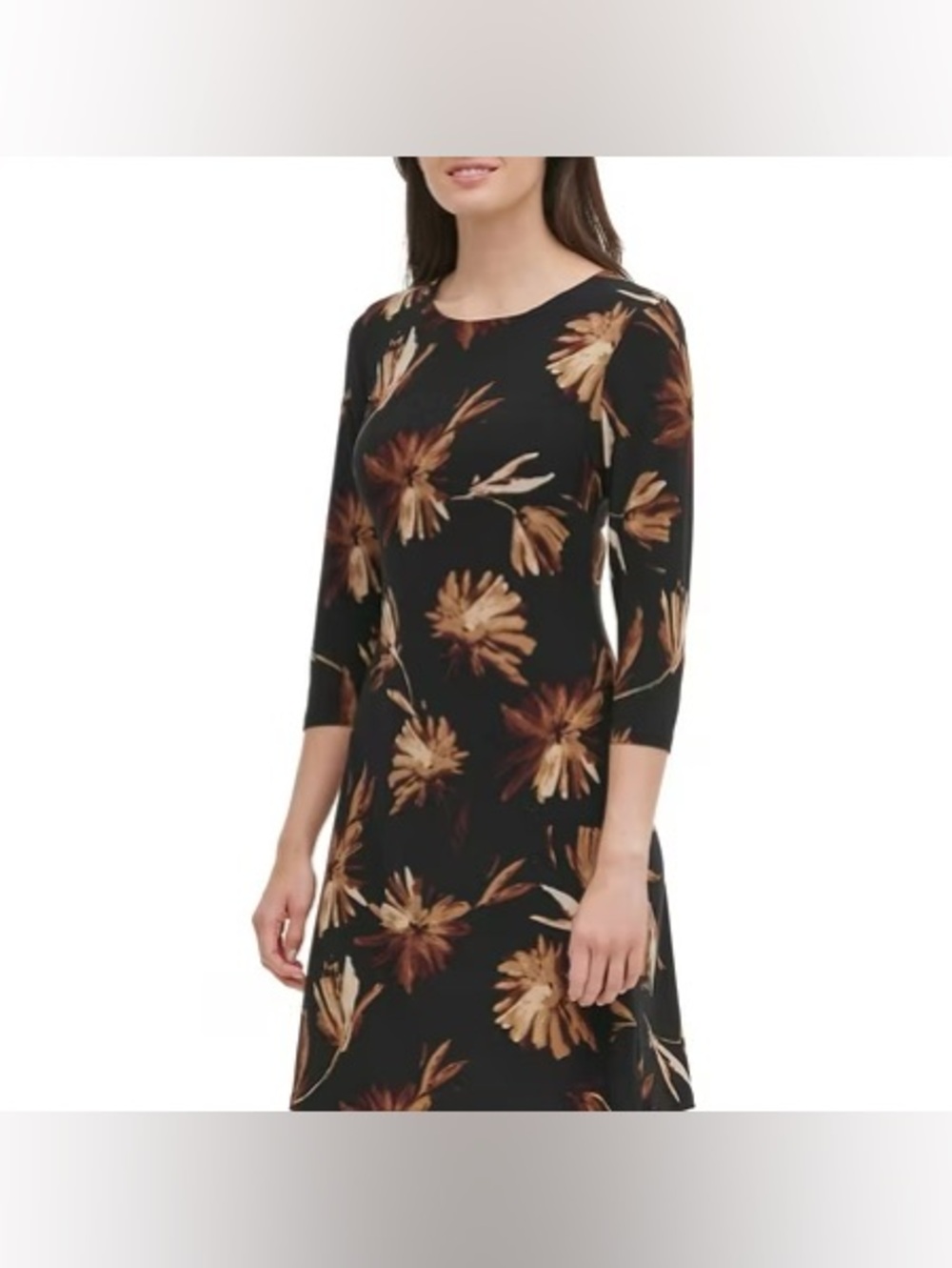 Tommy Hilfiger 3/4 Sleeve Jersey Shift Dress Black Brown Floral Size 8
